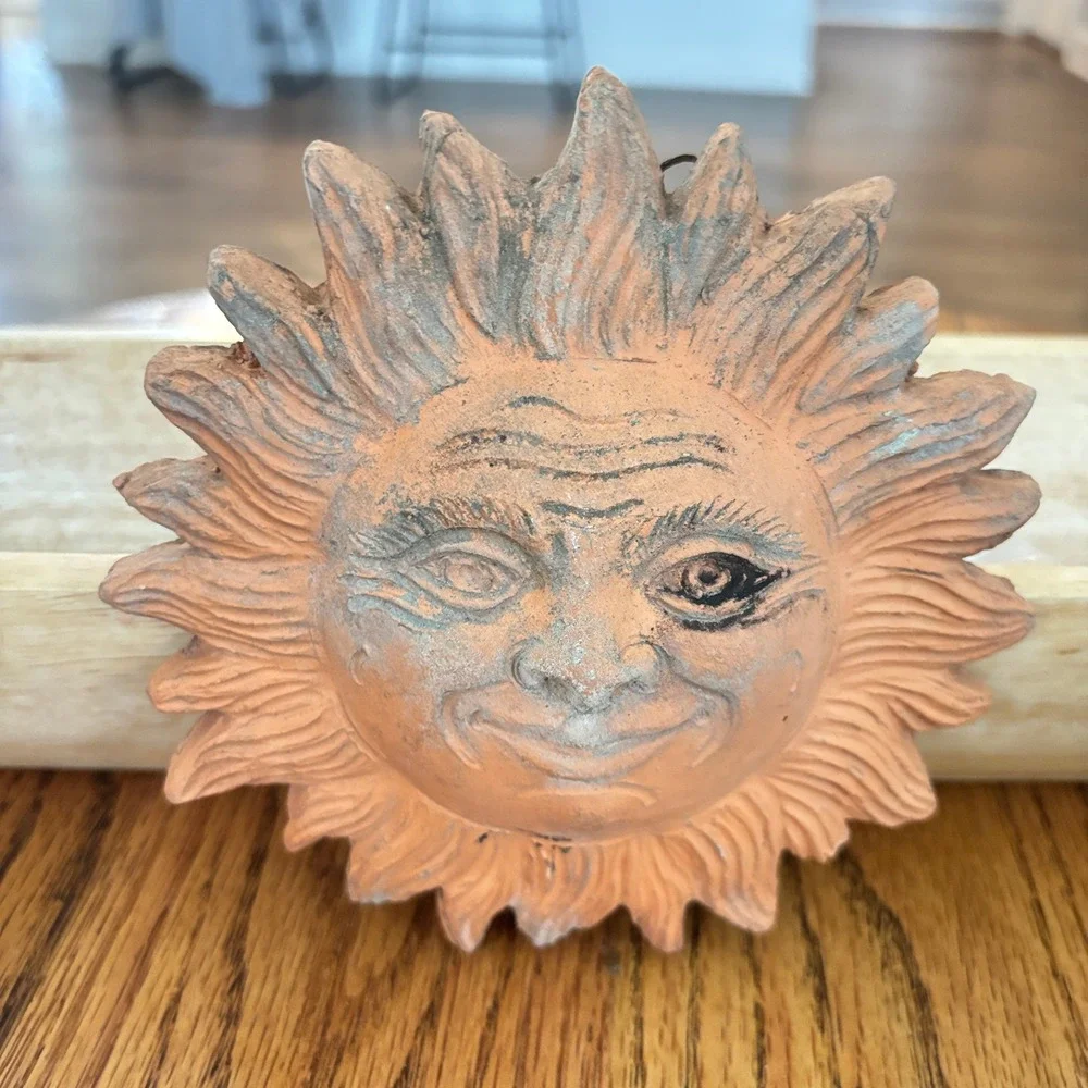 Vintage Terracotta Sun Face Wall Plaque Rustic Clay Celestial Garden Decor 6